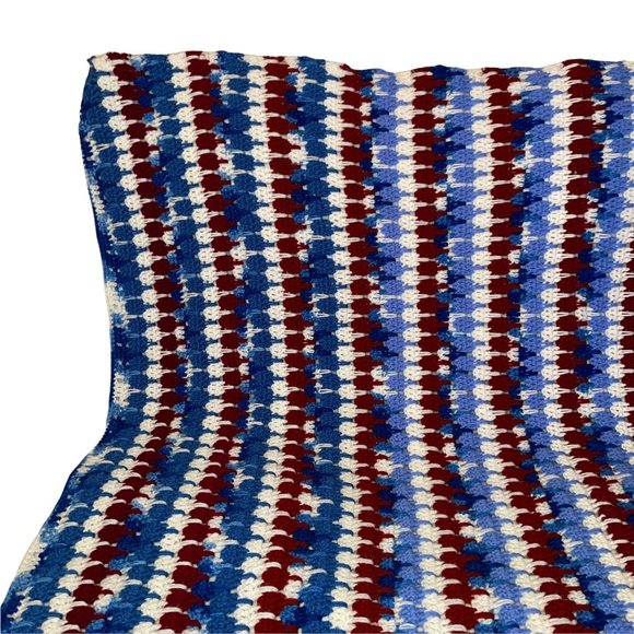 Handmade Hand Crafted Patriotic USA Striped Crocheted Blanket Throw 51x44 - Picture 7 of 10